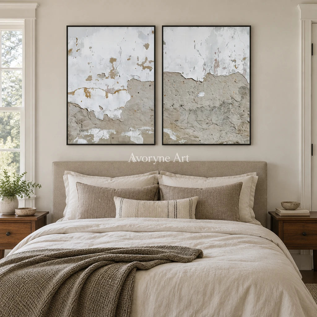 Muted Solace neutral mineral texture diptych with a black frame above a bed in a bedroom