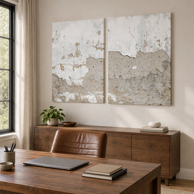 Muted Solace neutral mineral texture diptych as a frameless stretched canvas in a home office