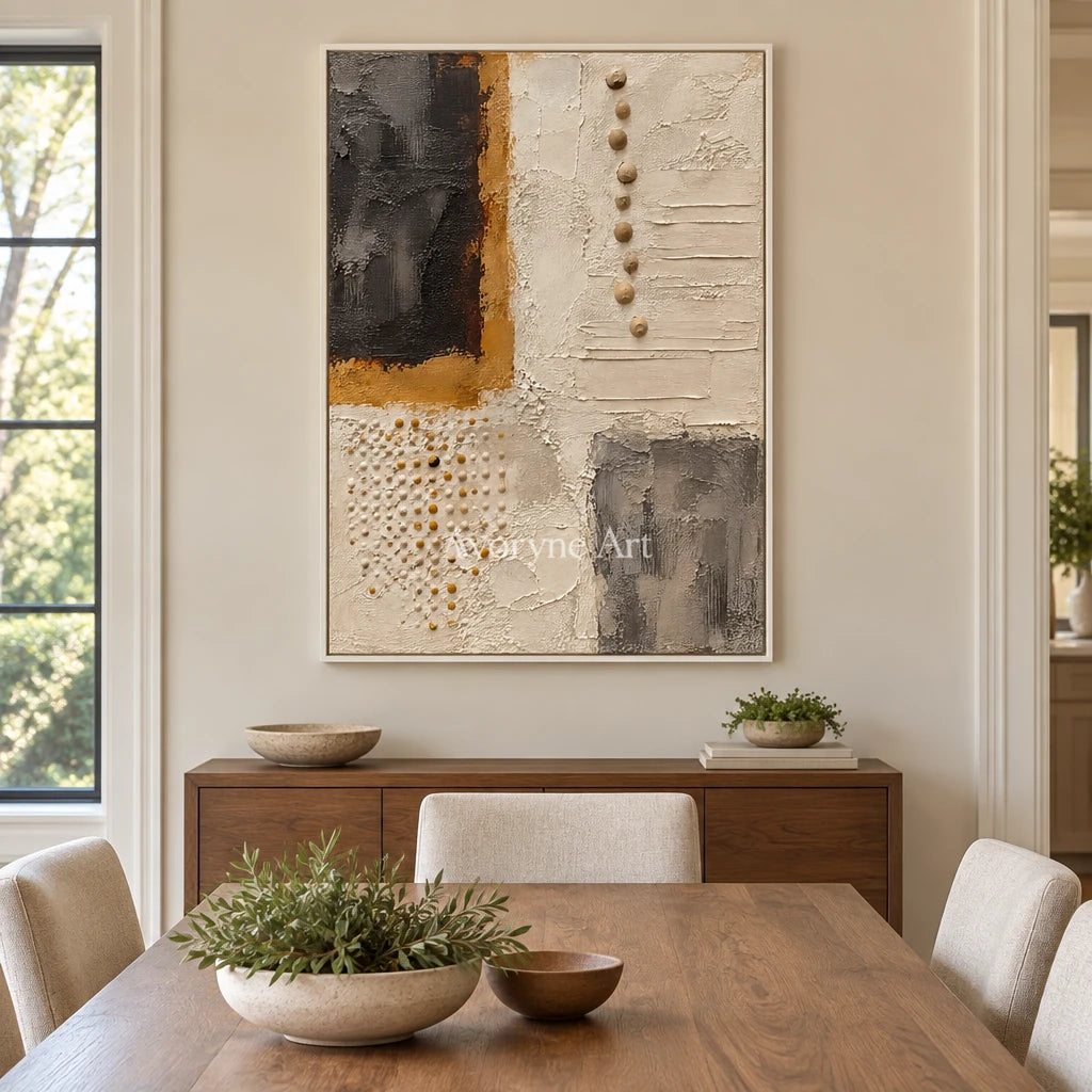 Cinder Mosaic: Neutral Mixed Texture Wall Art — dining white