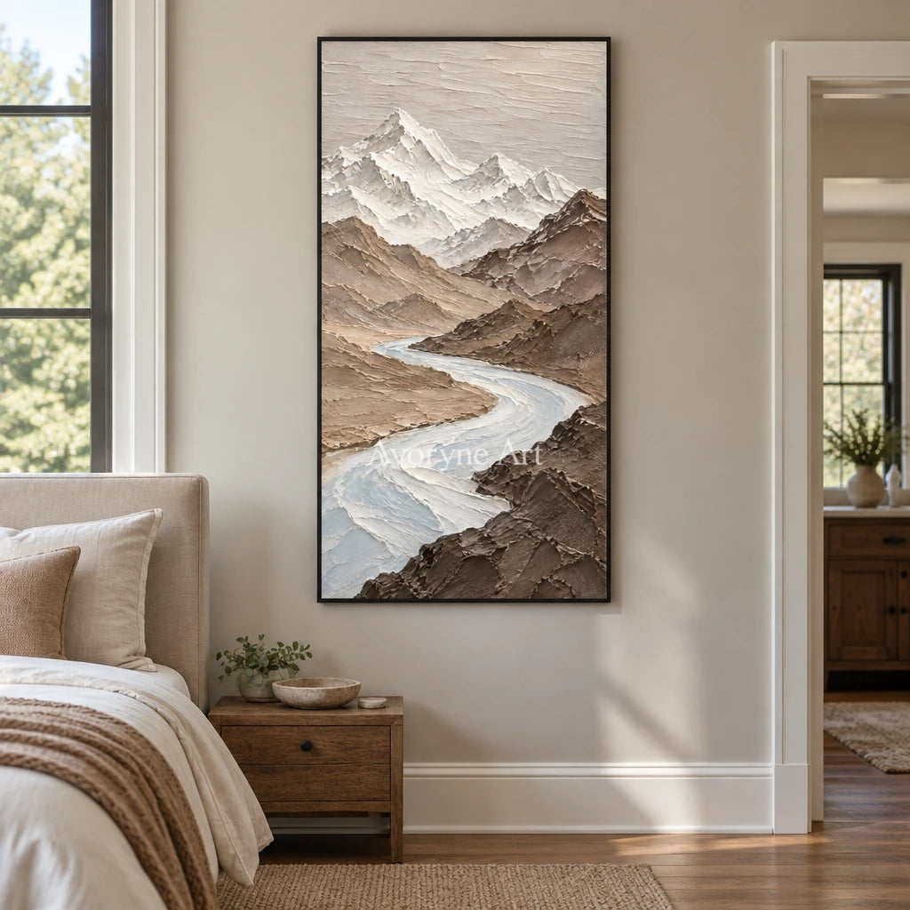 Glacial Passage: Neutral Mountain Valley Wall Art — bedroom black