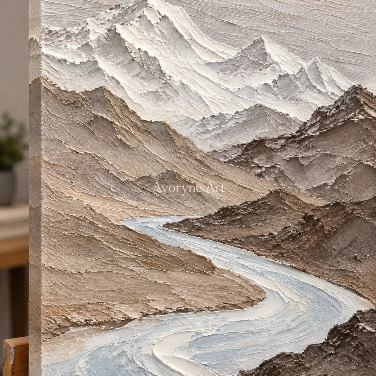 Glacial Passage: Neutral Mountain Valley Wall Art — detail easel