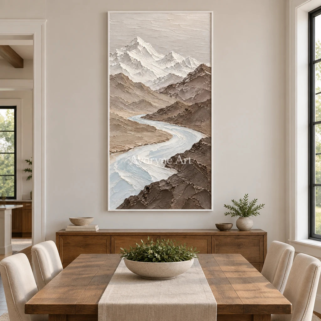 Glacial Passage: Neutral Mountain Valley Wall Art — dining white