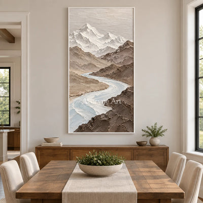 Glacial Passage: Neutral Mountain Valley Wall Art — dining white