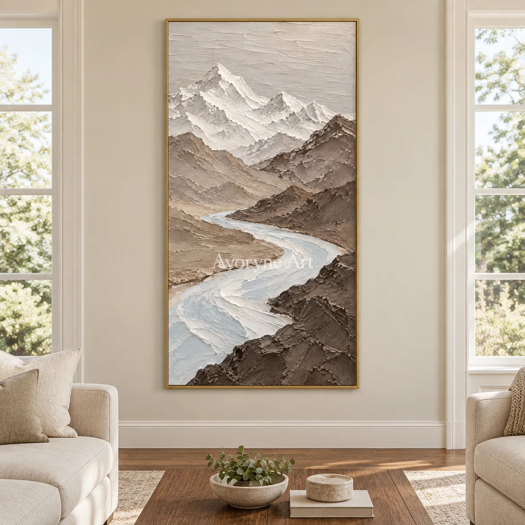 Glacial Passage: Neutral Mountain Valley Wall Art — living gold