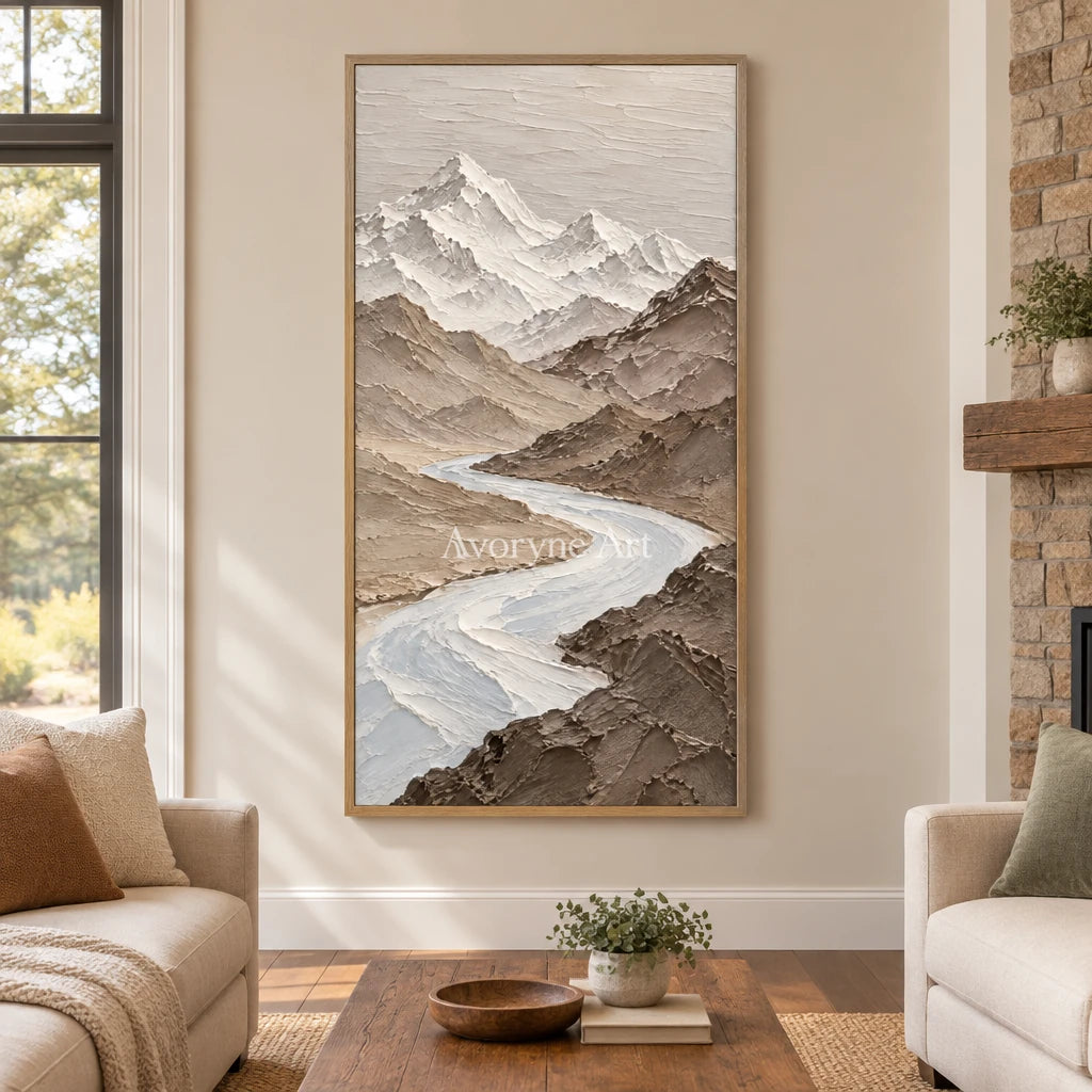 Glacial Passage: Neutral Mountain Valley Wall Art — villa wood