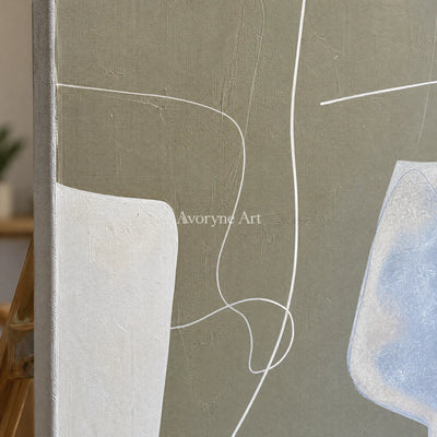Close-up of the hand-painted texture of Muted Passage neutral organic art triptych on an easel