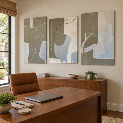 Muted Passage neutral organic art triptych as a frameless stretched canvas in a home office