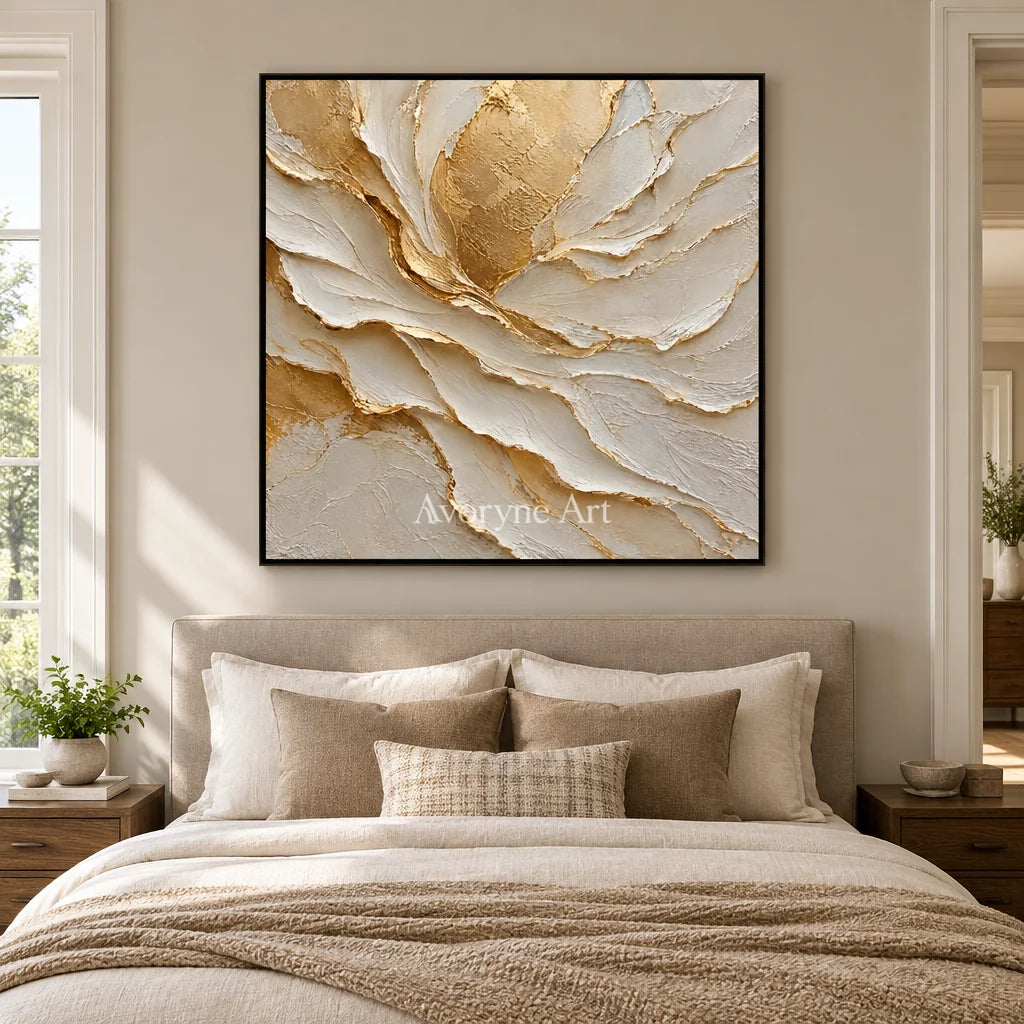 Gilded Fold: Neutral Organic Impasto Wall Art — bedroom black
