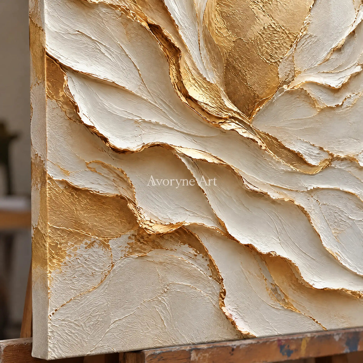 Gilded Fold: Neutral Organic Impasto Wall Art — detail easel