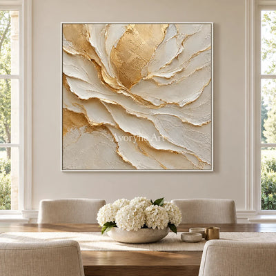 Gilded Fold: Neutral Organic Impasto Wall Art — dining white