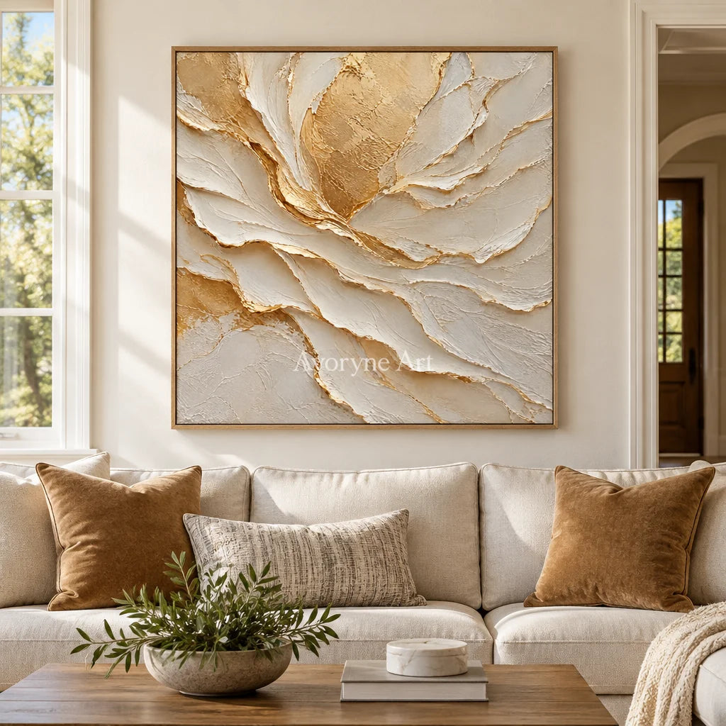 Gilded Fold: Neutral Organic Impasto Wall Art — villa wood