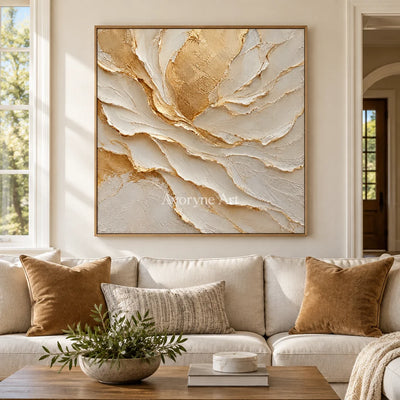 Gilded Fold: Neutral Organic Impasto Wall Art — villa wood