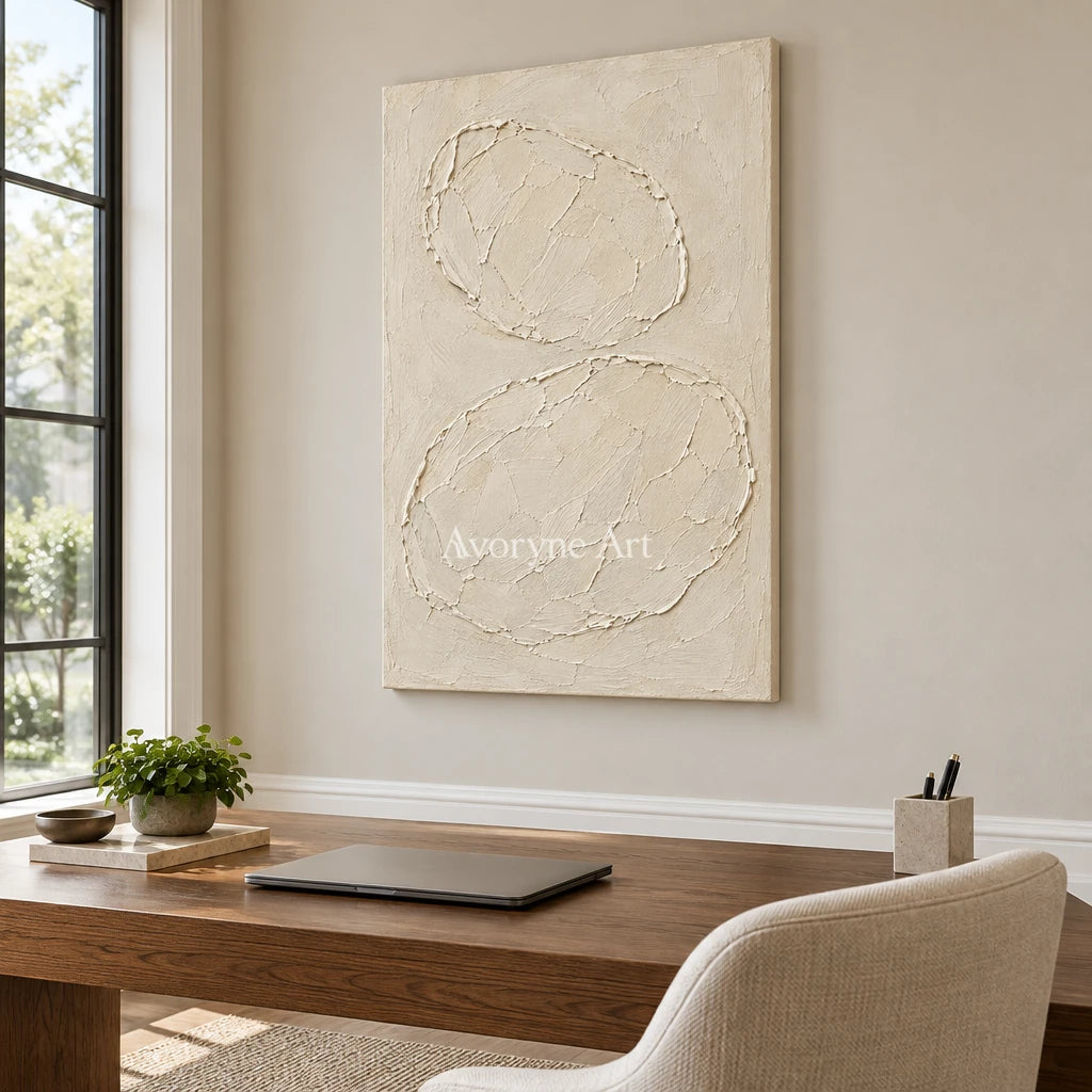 Ivory Orbits: Neutral Oval Texture Wall Art — office frameless