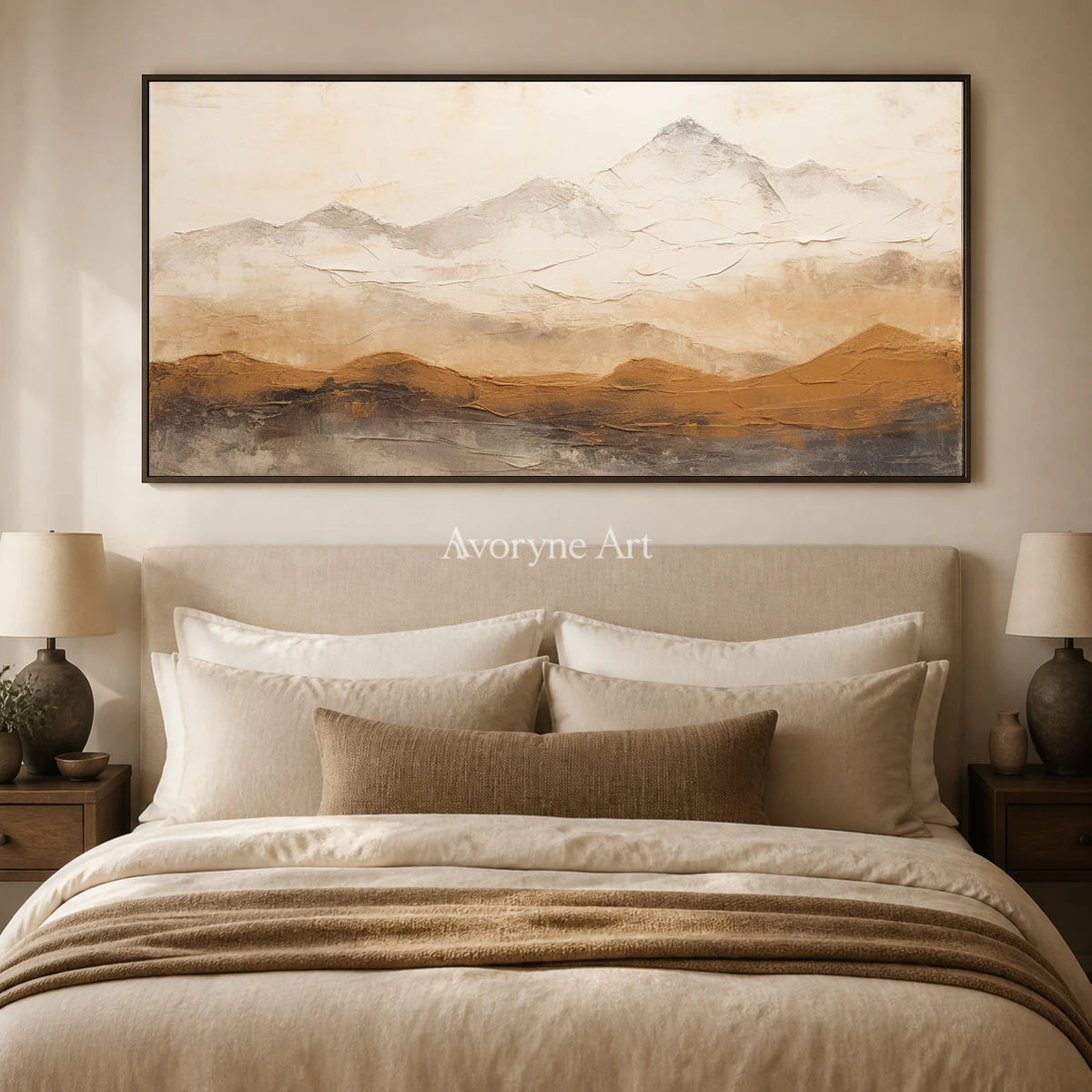Ochre Distance: Neutral Panoramic Mountain Wall Art — bedroom black