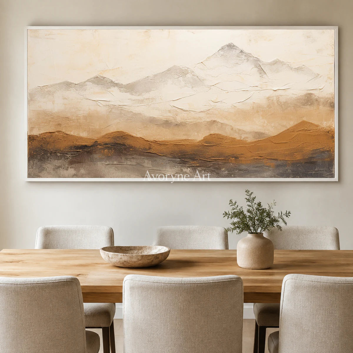 Ochre Distance: Neutral Panoramic Mountain Wall Art — dining white