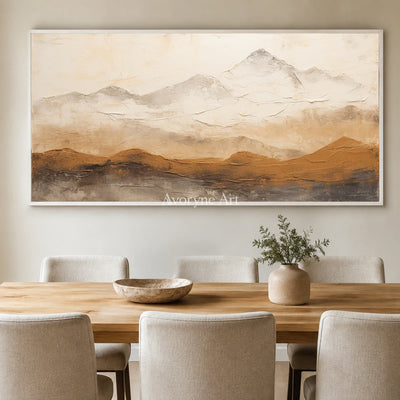 Ochre Distance: Neutral Panoramic Mountain Wall Art — dining white