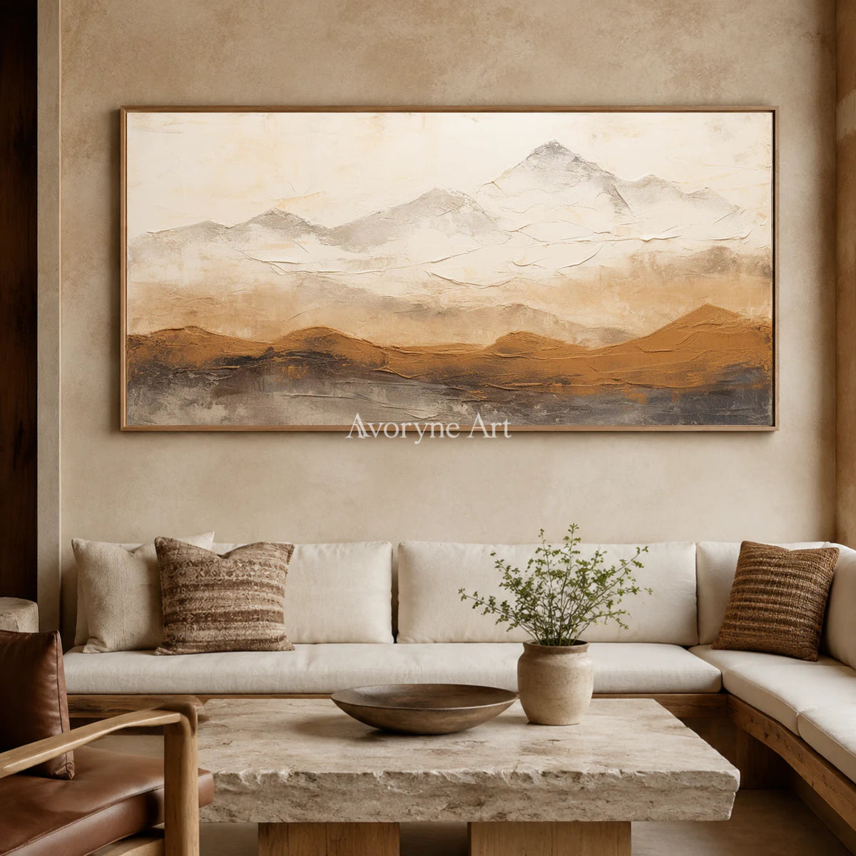Ochre Distance: Neutral Panoramic Mountain Wall Art — hotel wood