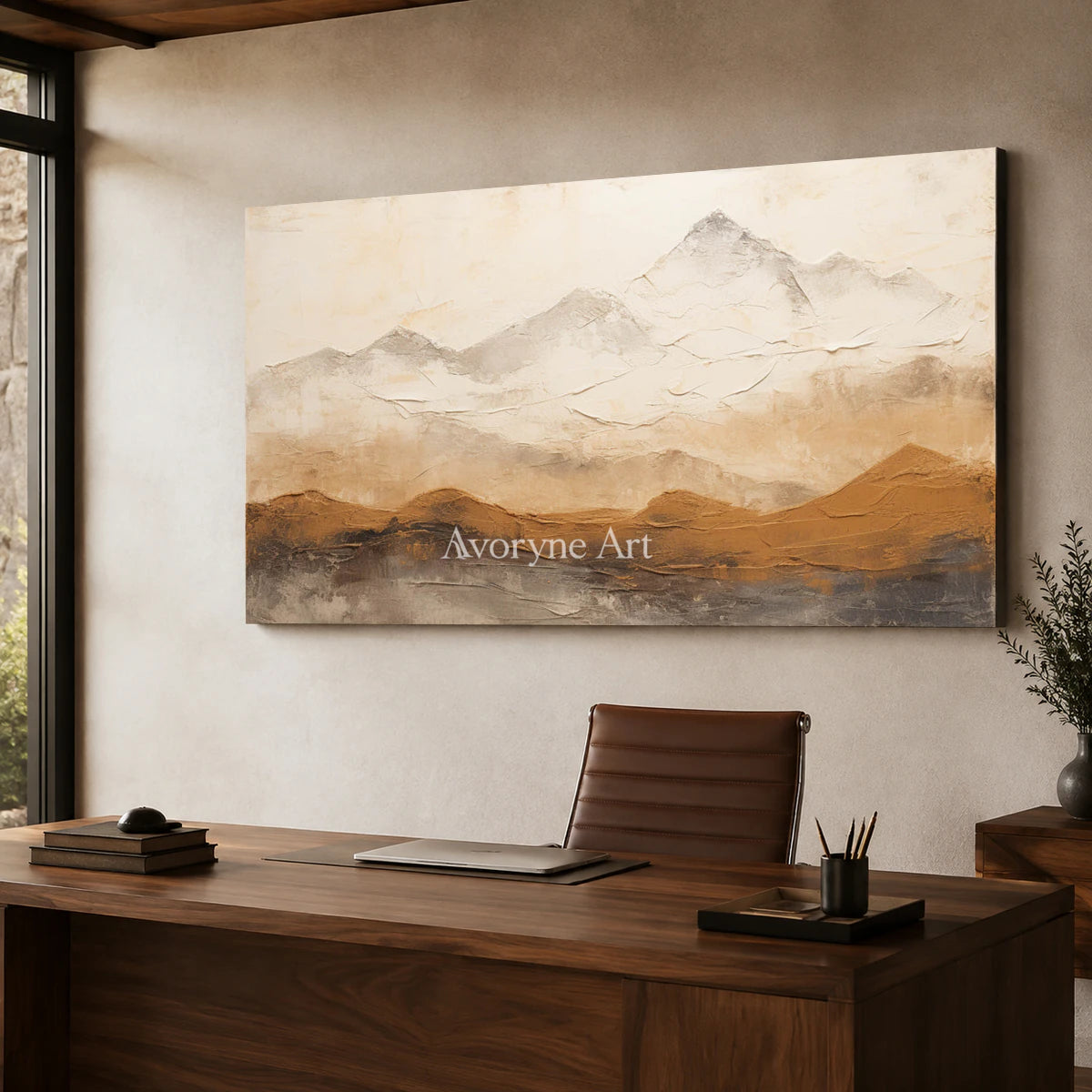 Ochre Distance: Neutral Panoramic Mountain Wall Art — office frameless