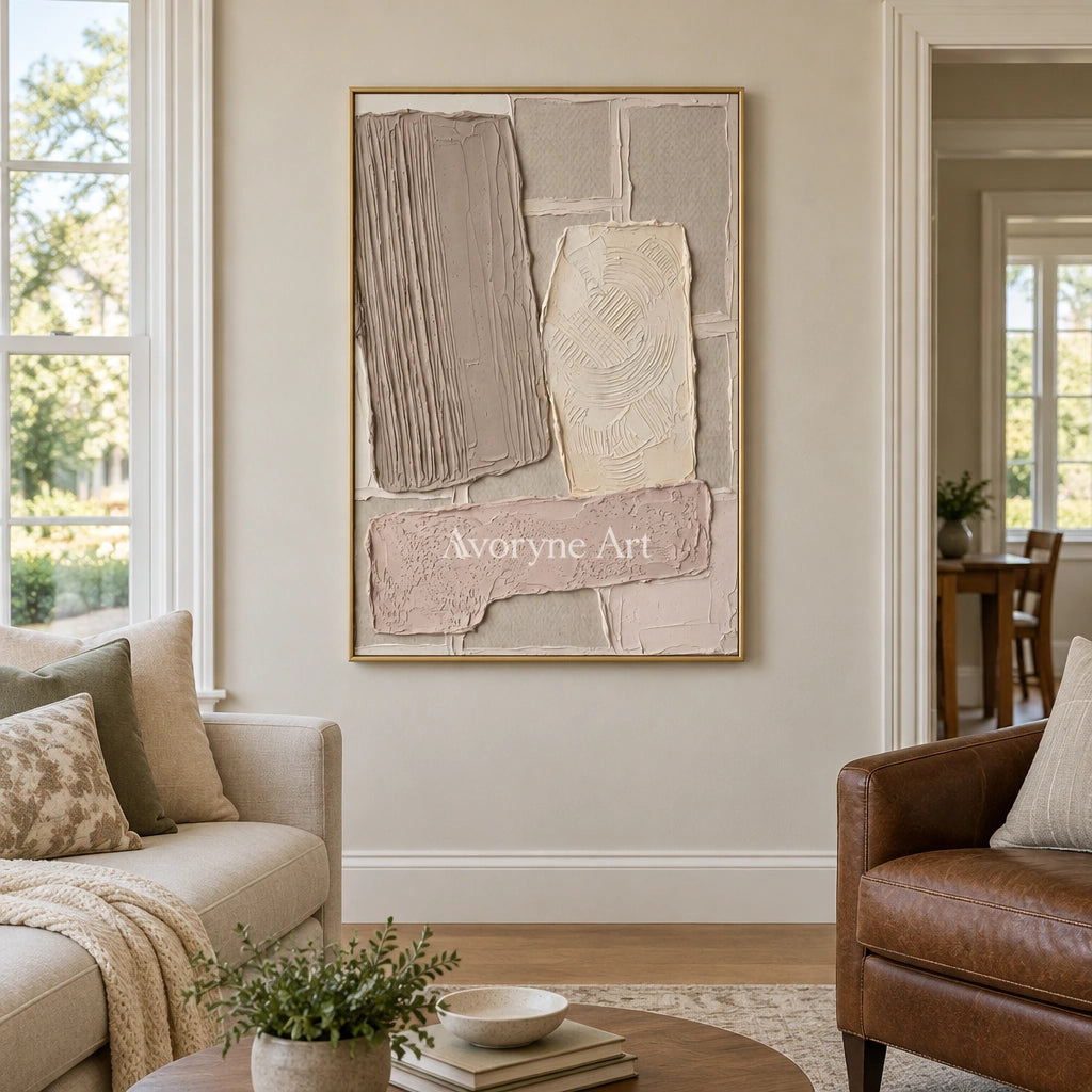 Weathered Haven neutral patch relief wall art with a gold frame hanging in a living room