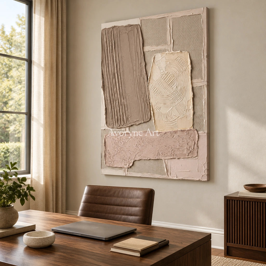Weathered Haven neutral patch relief wall art as a frameless stretched canvas in a home office
