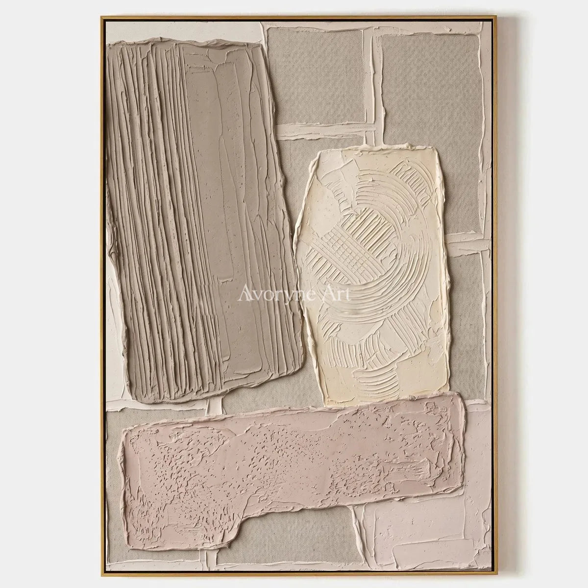 Weathered Haven, hand-painted neutral patch relief wall art by Lukas Meyer