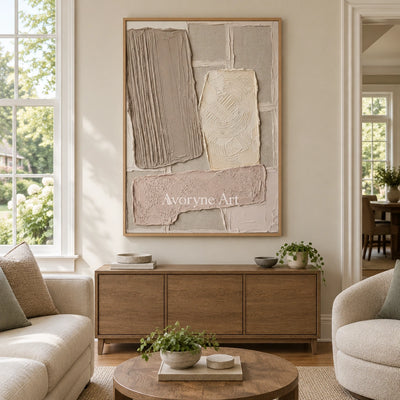 Weathered Haven neutral patch relief wall art with a wood frame in a villa living space