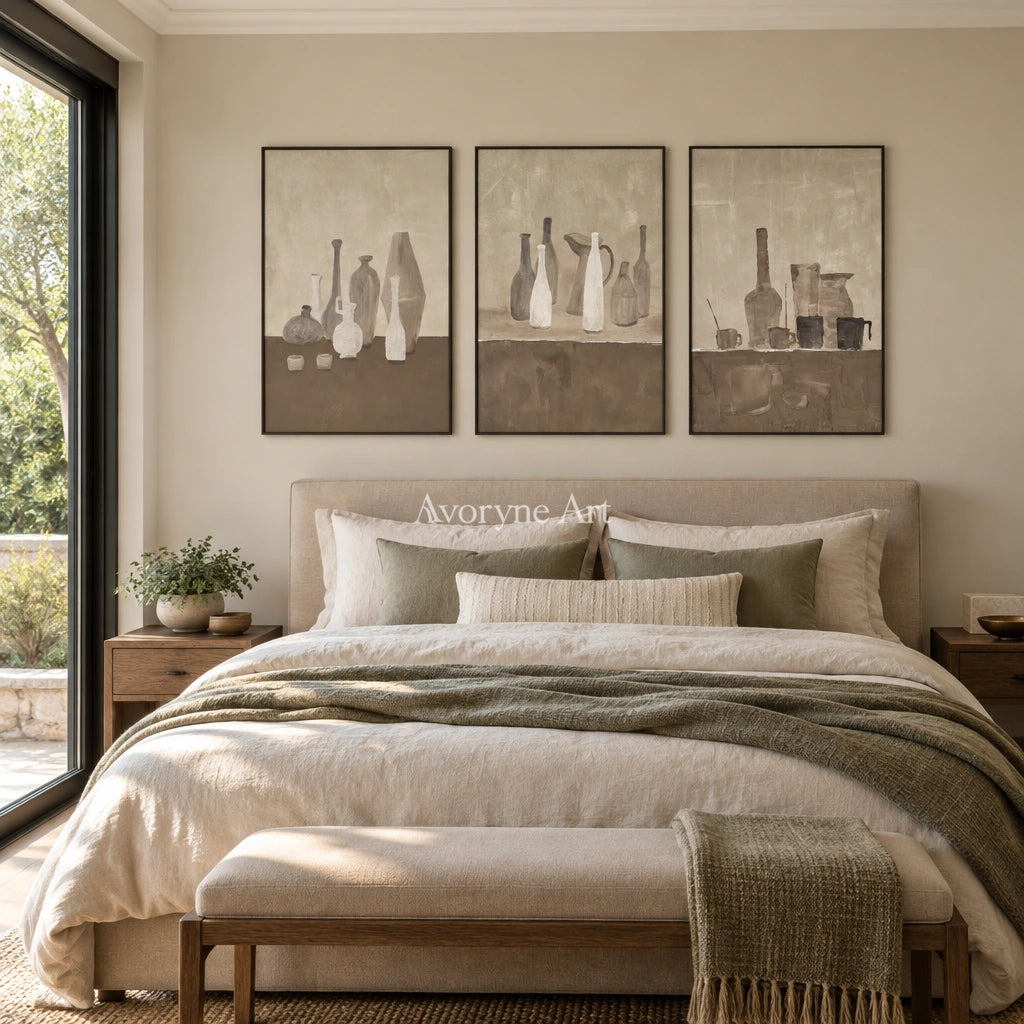 Muted Verse neutral pottery art triptych with a black frame above a bed in a bedroom