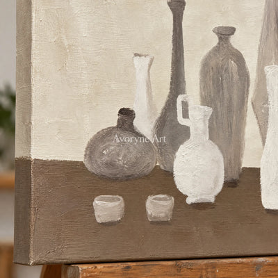 Close-up of the hand-painted texture of Muted Verse neutral pottery art triptych on an easel