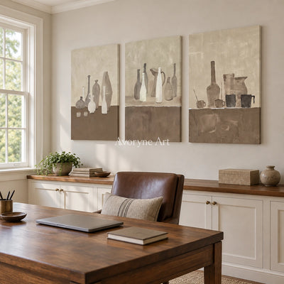 Muted Verse neutral pottery art triptych as a frameless stretched canvas in a home office