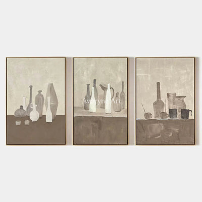 Muted Verse, hand-painted neutral pottery art triptych by Lukas Meyer