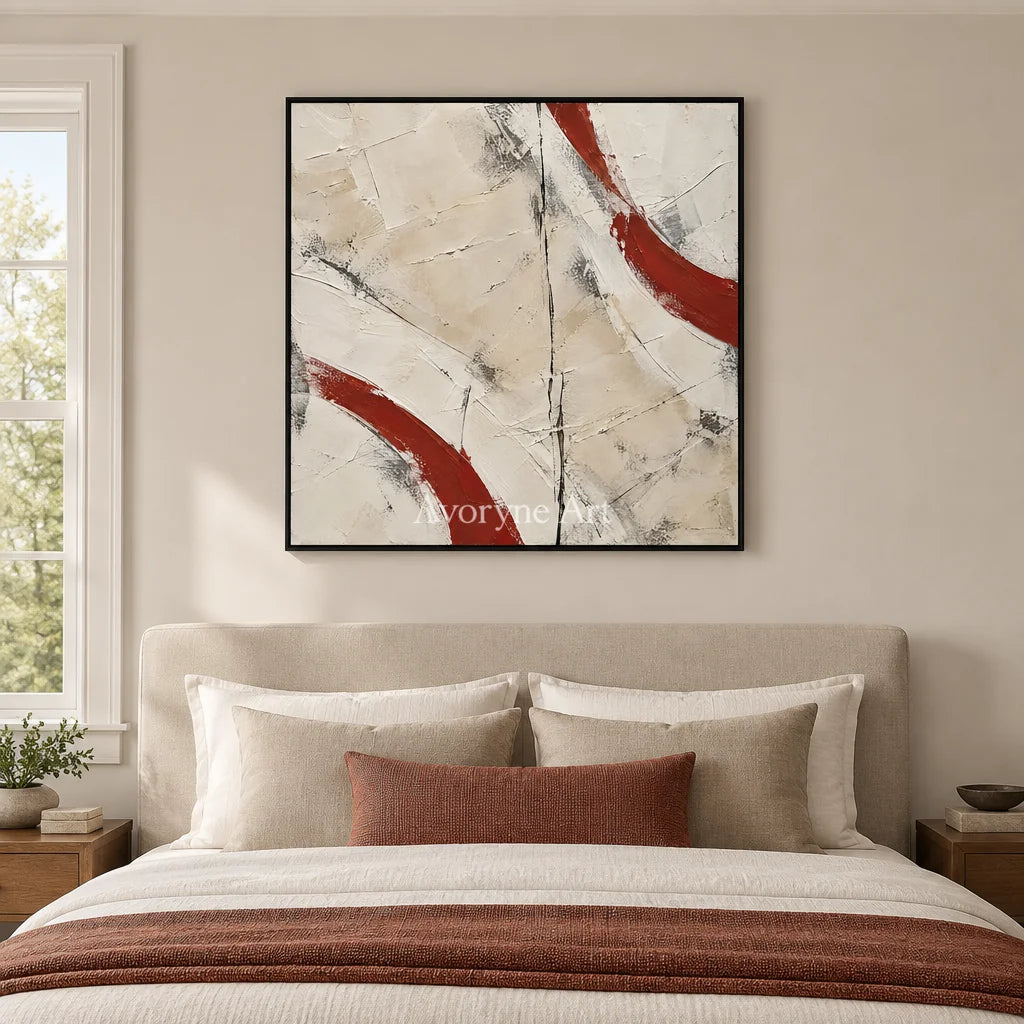 Crimson Arcs: Neutral Red Textured Abstract Art — bedroom black