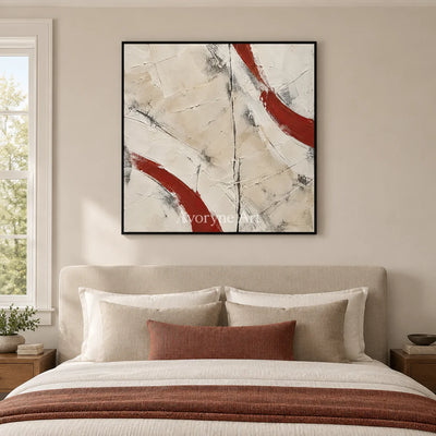 Crimson Arcs: Neutral Red Textured Abstract Art — bedroom black