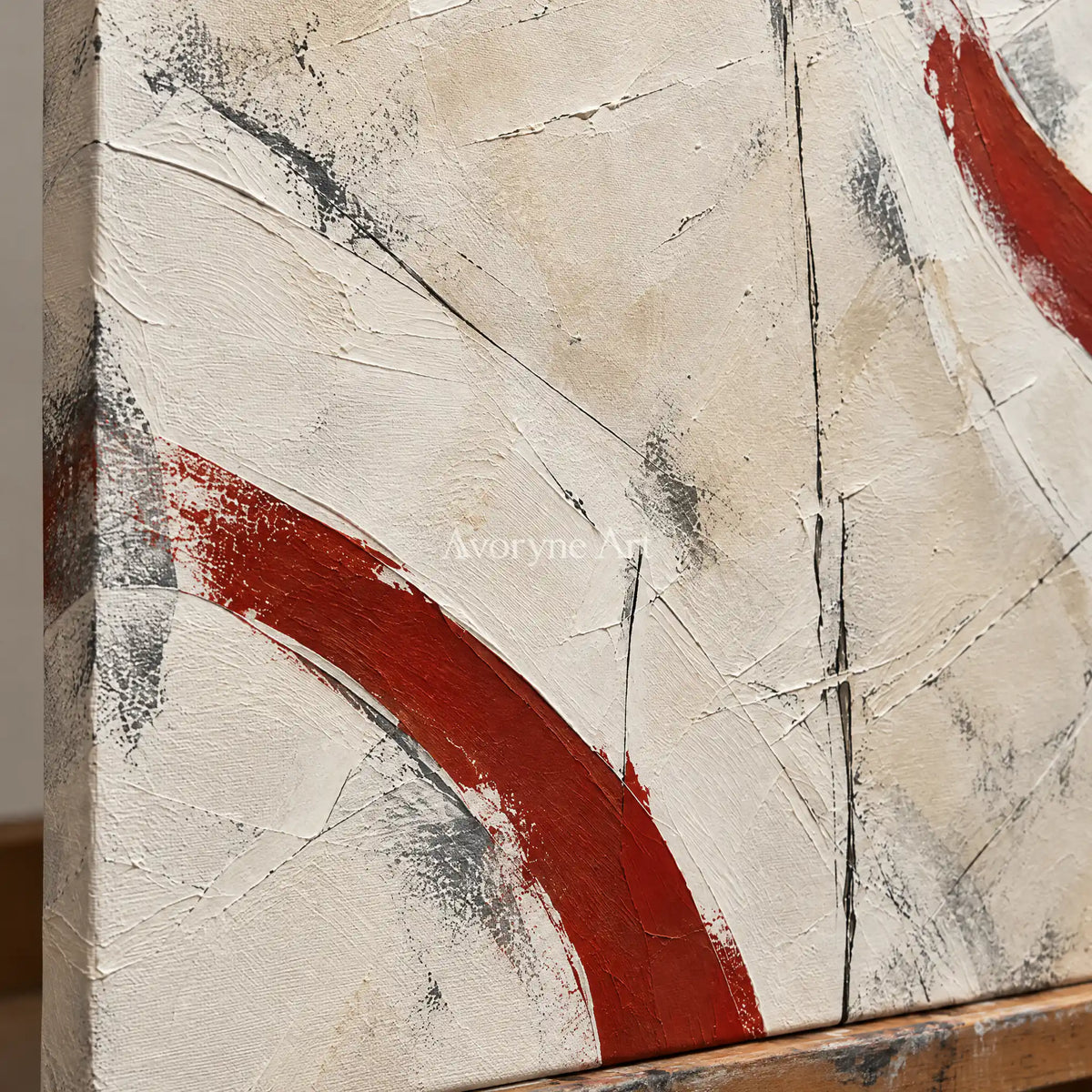 Crimson Arcs: Neutral Red Textured Abstract Art — detail easel