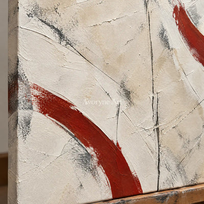 Crimson Arcs: Neutral Red Textured Abstract Art — detail easel