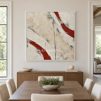 Crimson Arcs: Neutral Red Textured Abstract Art — dining white