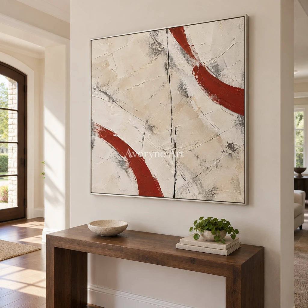Crimson Arcs: Neutral Red Textured Abstract Art — entry silver