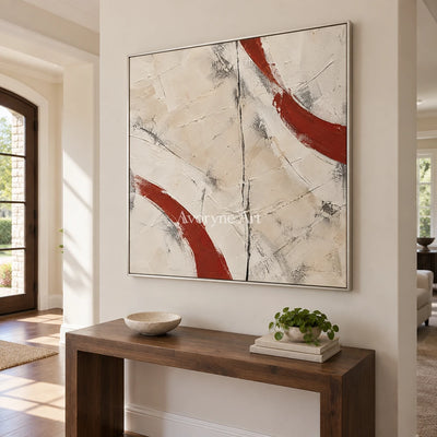 Crimson Arcs: Neutral Red Textured Abstract Art — entry silver