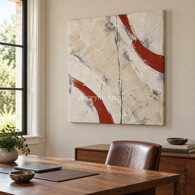 Crimson Arcs: Neutral Red Textured Abstract Art — office frameless