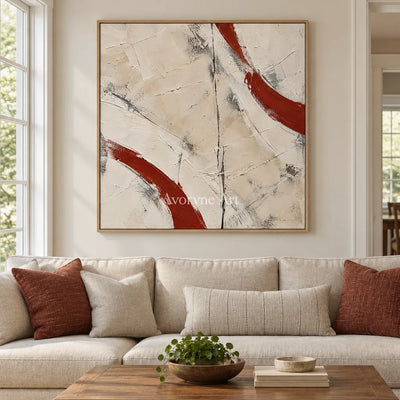 Crimson Arcs: Neutral Red Textured Abstract Art — villa wood