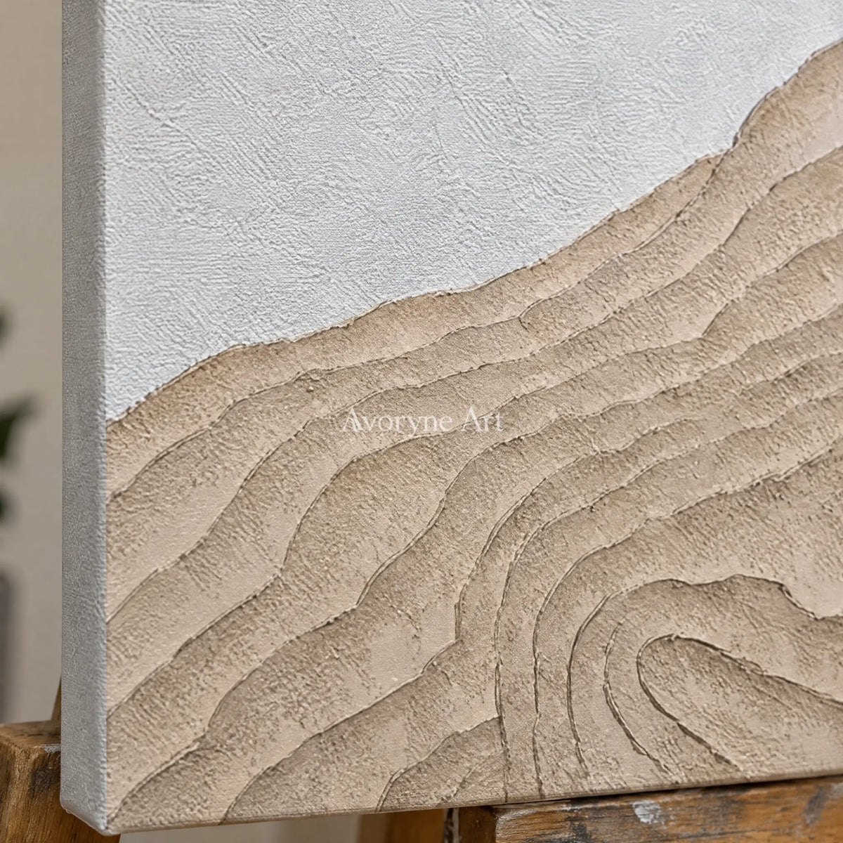 Close-up of the hand-painted texture of Muted Echo neutral ridge texture wall art on an easel