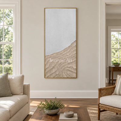 Muted Echo neutral ridge texture wall art with a gold frame hanging in a living room