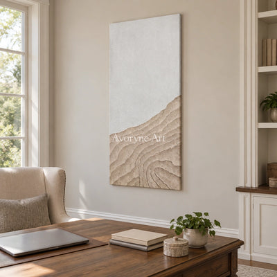 Muted Echo neutral ridge texture wall art as a frameless stretched canvas in a home office