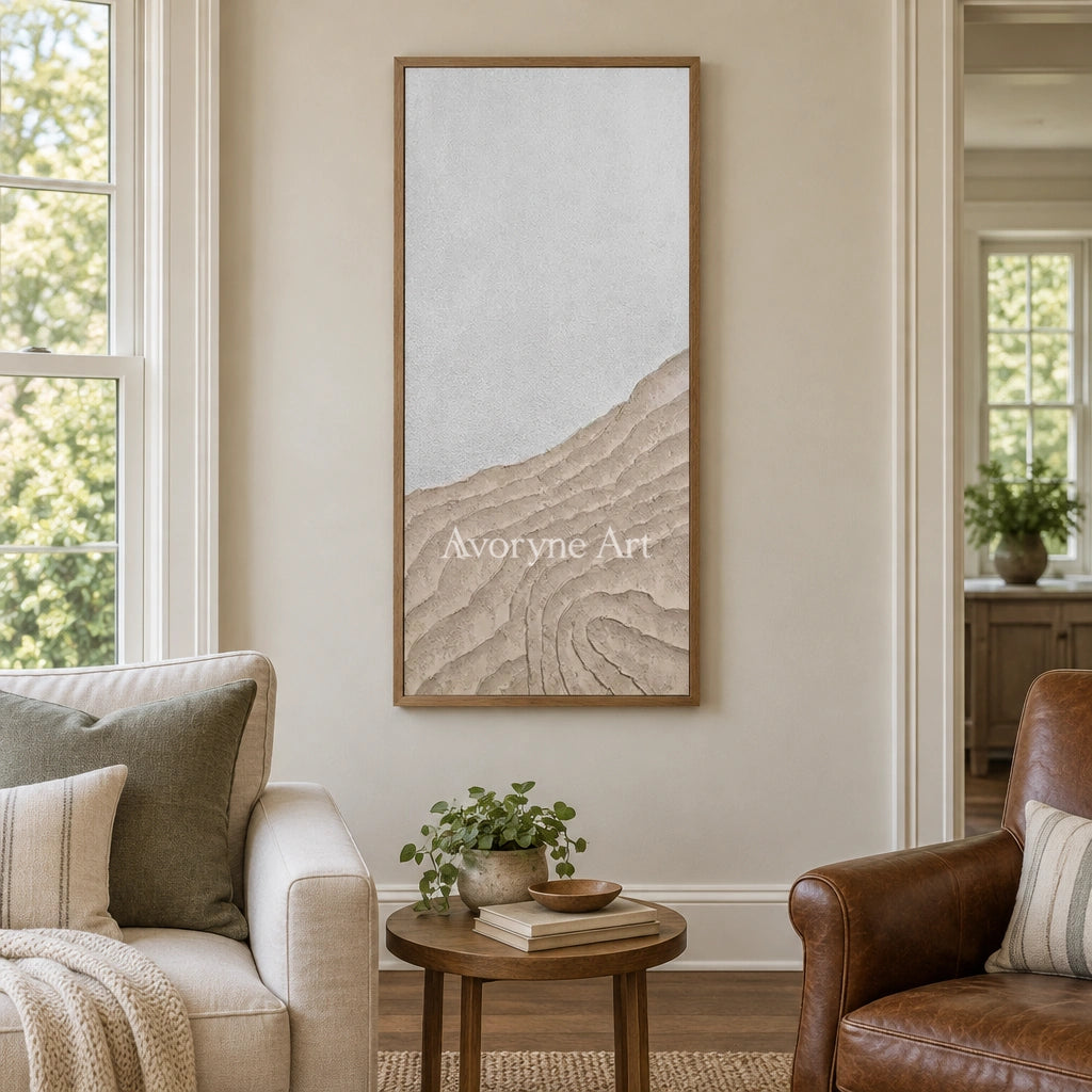 Muted Echo neutral ridge texture wall art with a wood frame in a villa living space