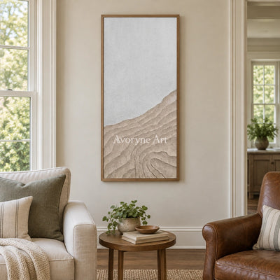 Muted Echo neutral ridge texture wall art with a wood frame in a villa living space