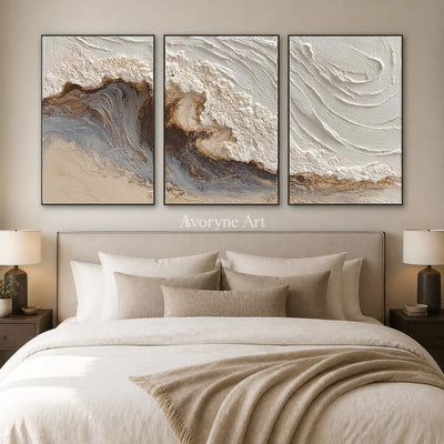 Tide in Three: Neutral Sculptural Wave Triptych Wall Art — bedroom black