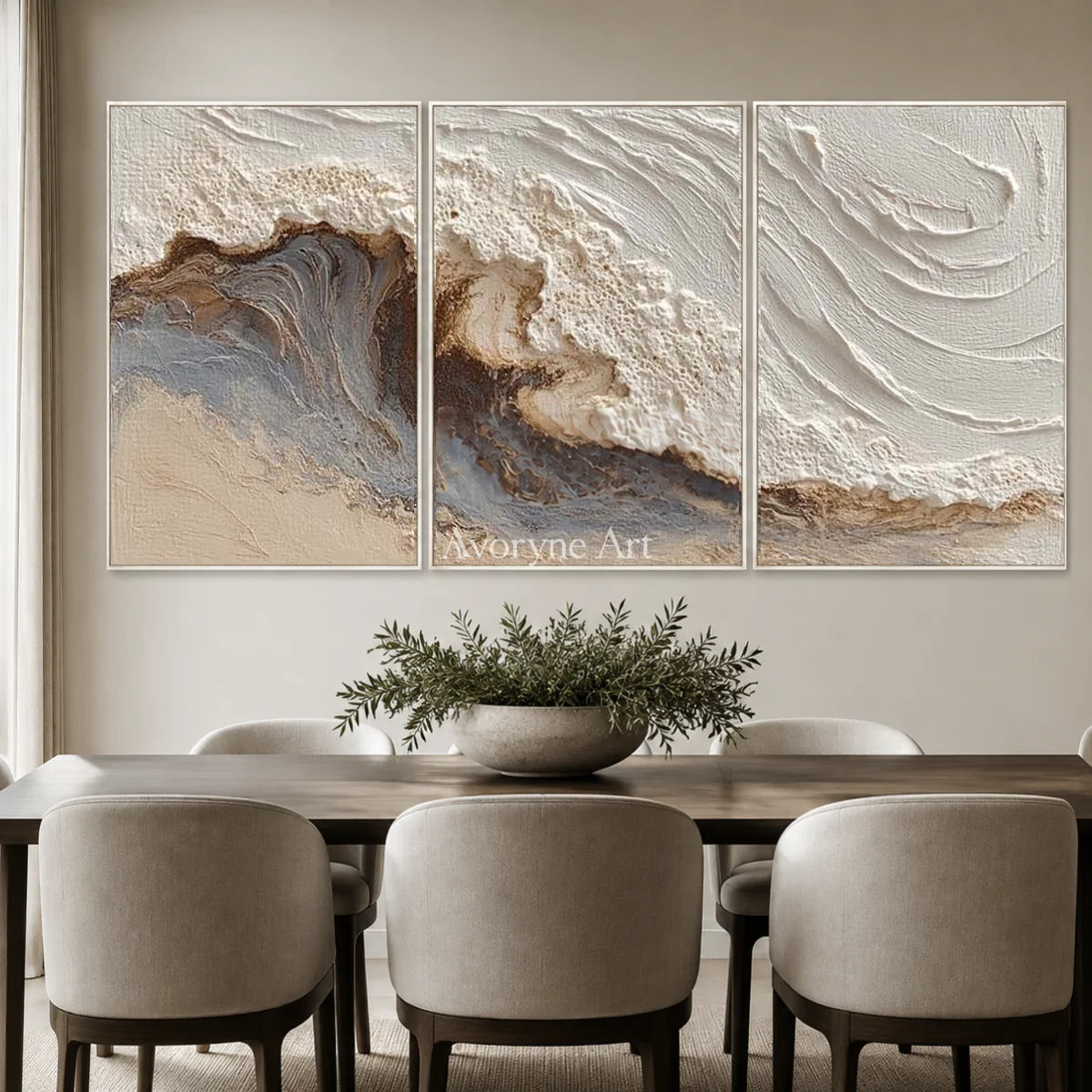 Tide in Three: Neutral Sculptural Wave Triptych Wall Art — dining white