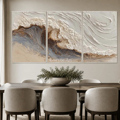 Tide in Three: Neutral Sculptural Wave Triptych Wall Art — dining white