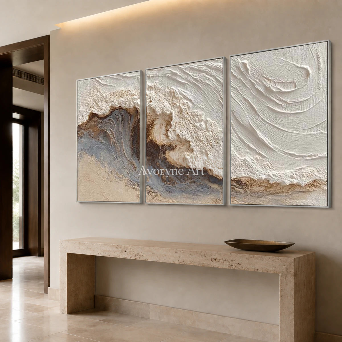 Tide in Three: Neutral Sculptural Wave Triptych Wall Art — entry silver
