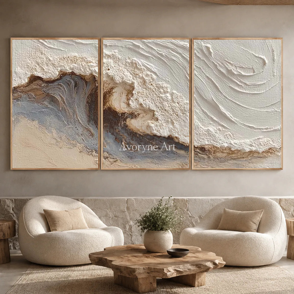 Tide in Three: Neutral Sculptural Wave Triptych Wall Art — hotel wood