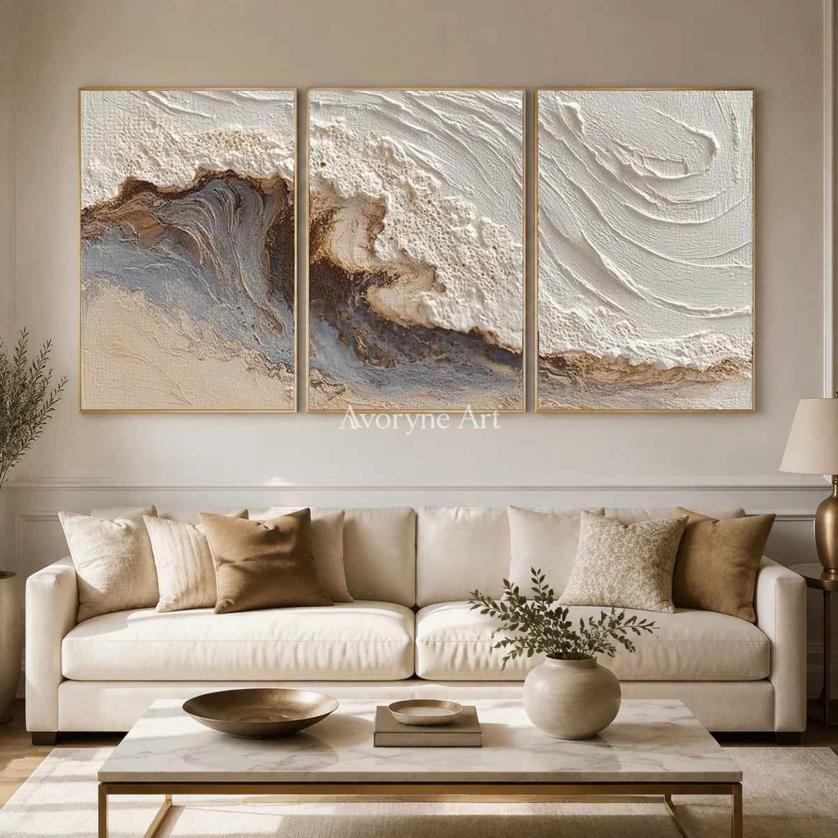 Tide in Three: Neutral Sculptural Wave Triptych Wall Art — living gold